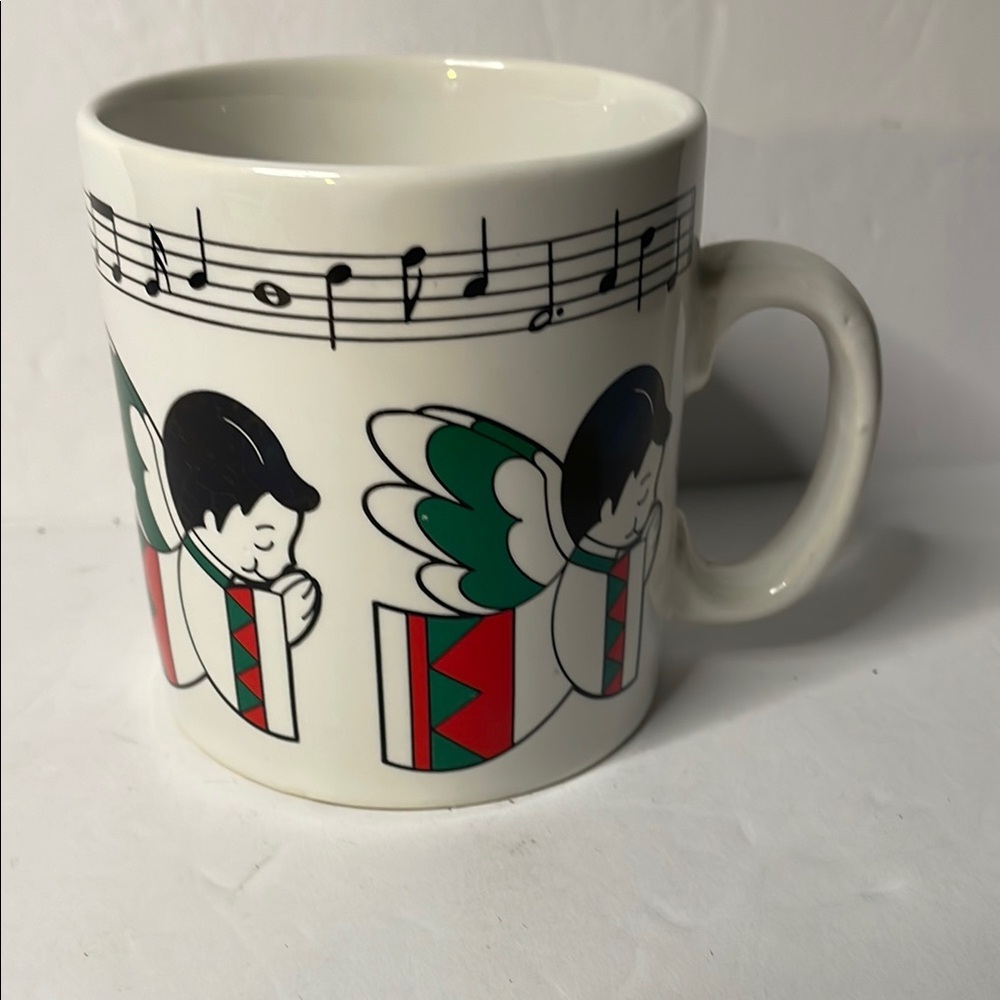 Angel Design Ceramic Mug - White Background and Green & Red Vintage 80s